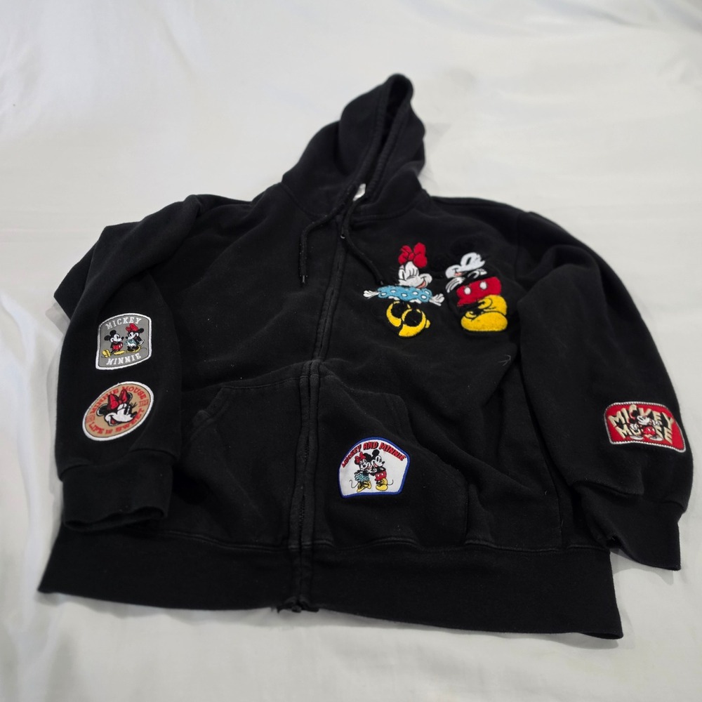Disney Mickey Mouse Zip Up Hoodie Mens Medium Black Excellent Patch Graphic